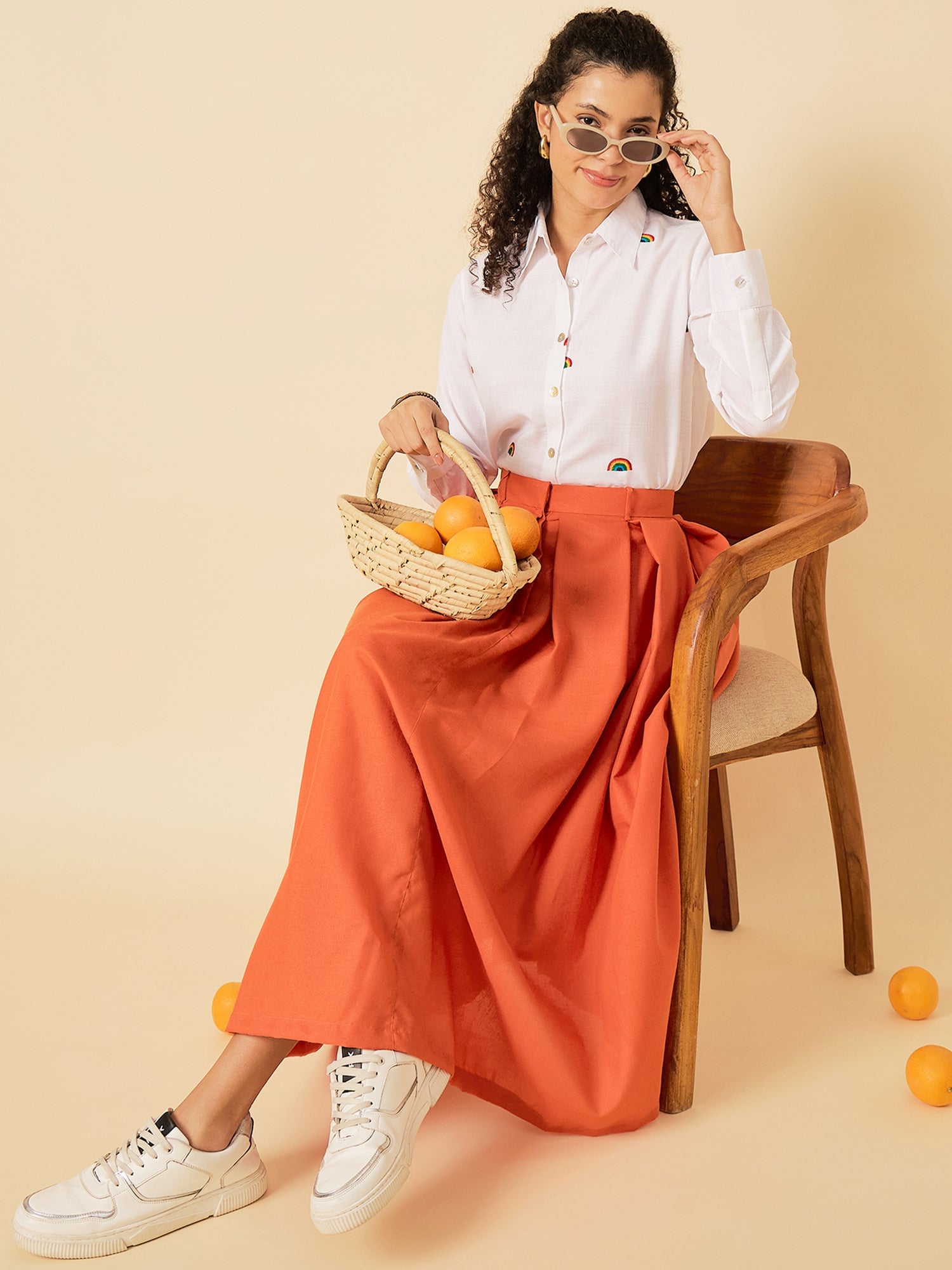 Pure Cotton Box Pleated Midi Skirt