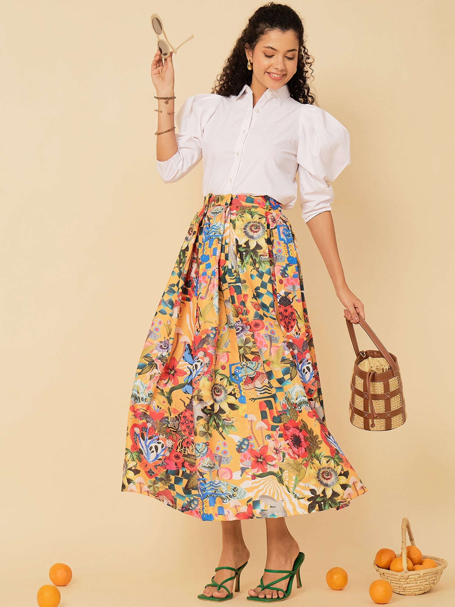 Pure Cotton Box Pleated Midi Skirt