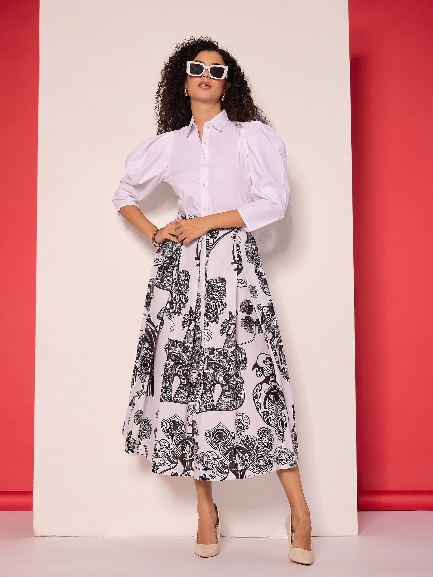 Pure Cotton Box Pleated Midi Skirt