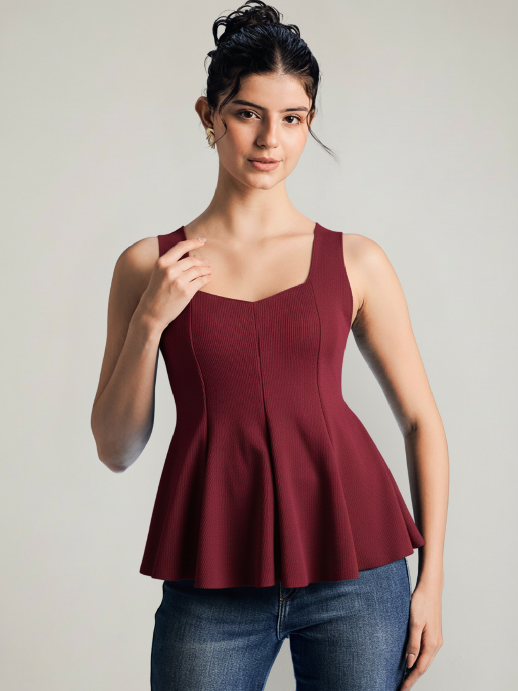 Stretchable Ribbed Peplum Top