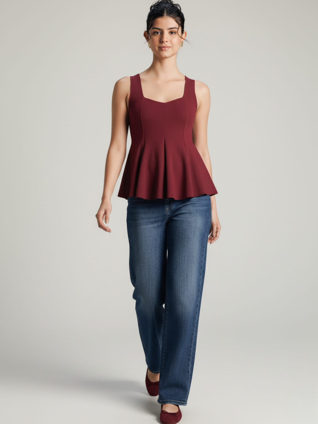 Stretchable Ribbed Peplum Top