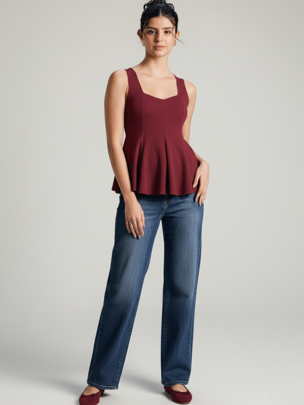 Stretchable Ribbed Peplum Top