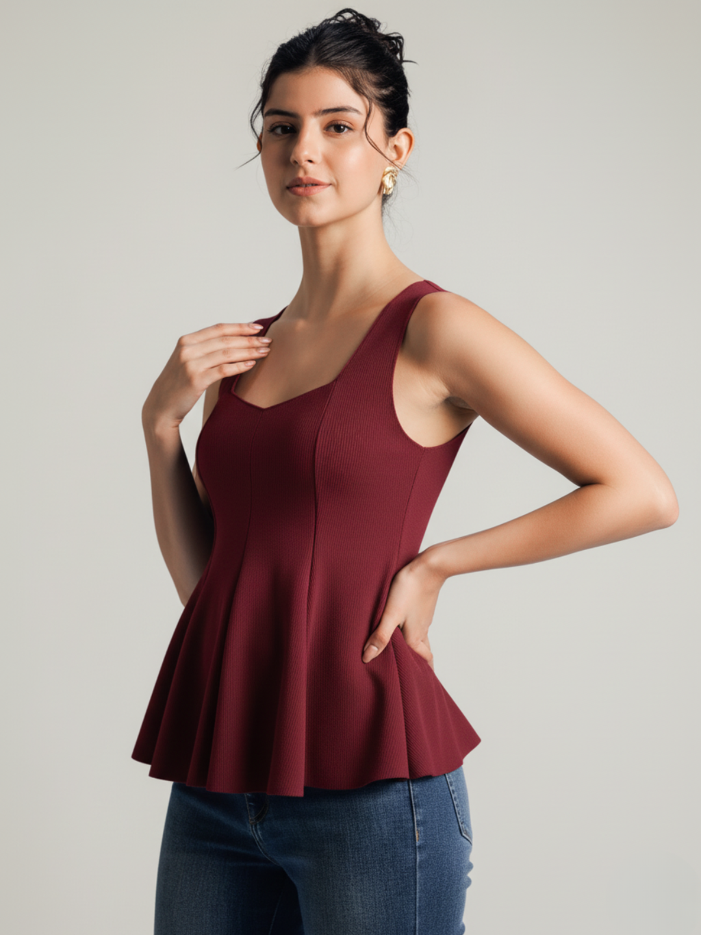 Stretchable Ribbed Peplum Top