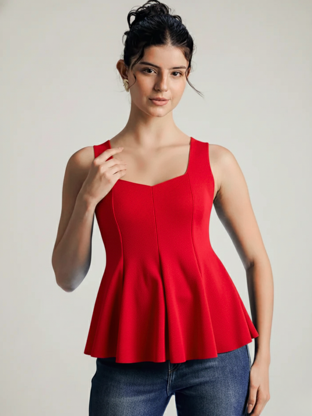 Stretchable Ribbed Peplum Top